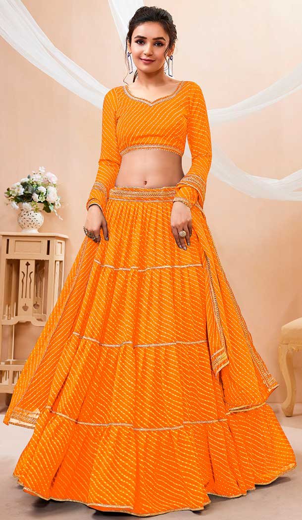 Georgette Laheriya Printed Work Navratri Chaniya Choli in Yellow -142857798