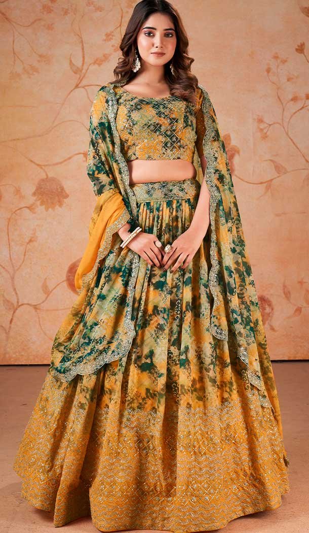 Faux Georgette Embroidery Work Yellow Navratri Chaniya Choli -143007880