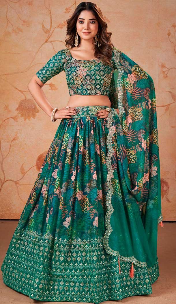 Faux Georgette Embroidery Work Rama Blue Navratri Chaniya Choli -143007881