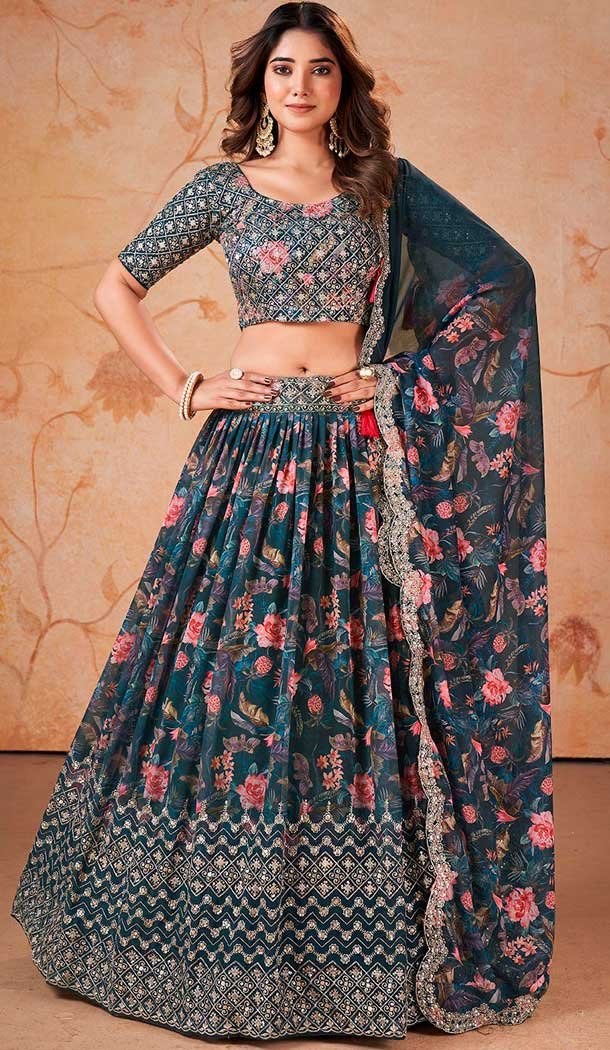 Faux Georgette Embroidery Work Blue Navratri Chaniya Choli -143007882