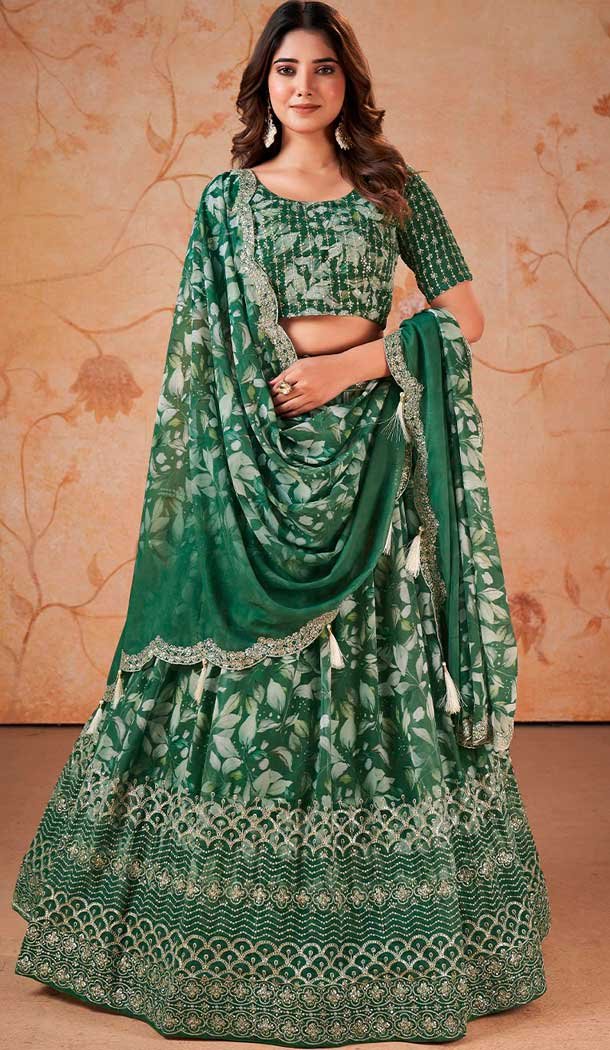 Faux Georgette Embroidery Work Mahendi Green Navratri Chaniya Choli -143007884