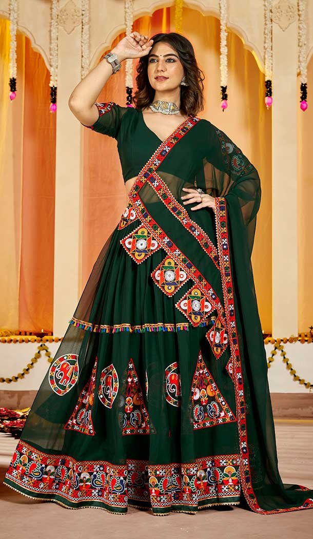 Georgette Embroidery Work Green Navratri Lehenga Choli -143698286