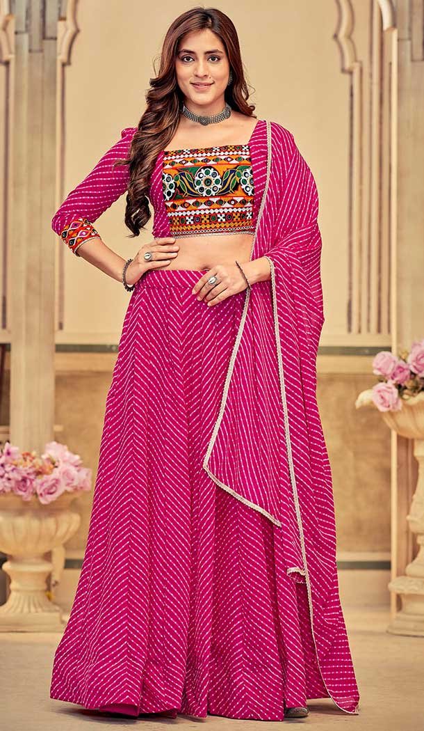 Georgette Embroidery Work Pink Navratri Lehenga Choli -143698287