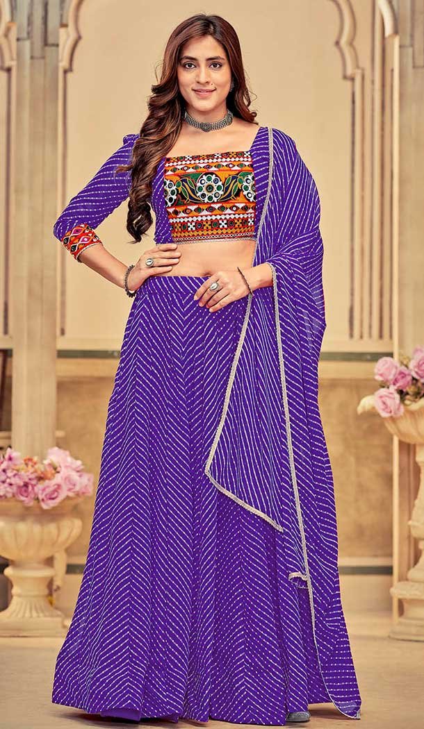 Georgette Embroidery Work Purple Navratri Lehenga Choli -143698288