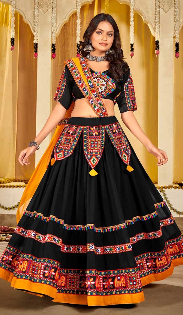 Black Georgette Embroidery Work Navratri Lehenga Choli -143698290