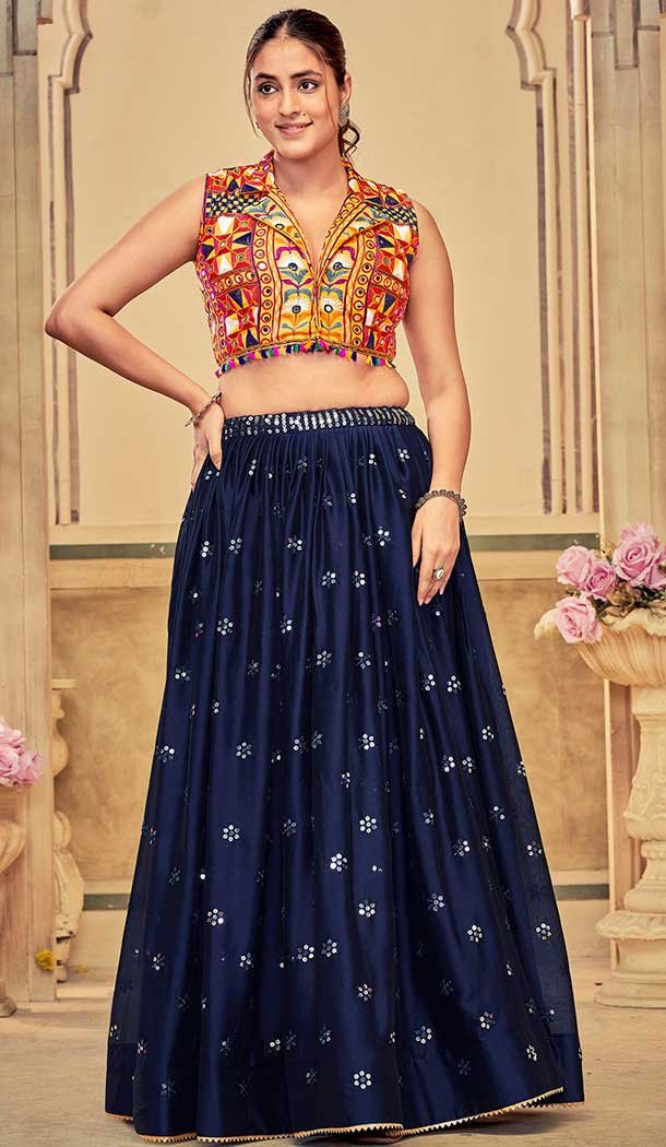 Georgette Embroidery Work Blue Navratri Lehenga Choli -143698291