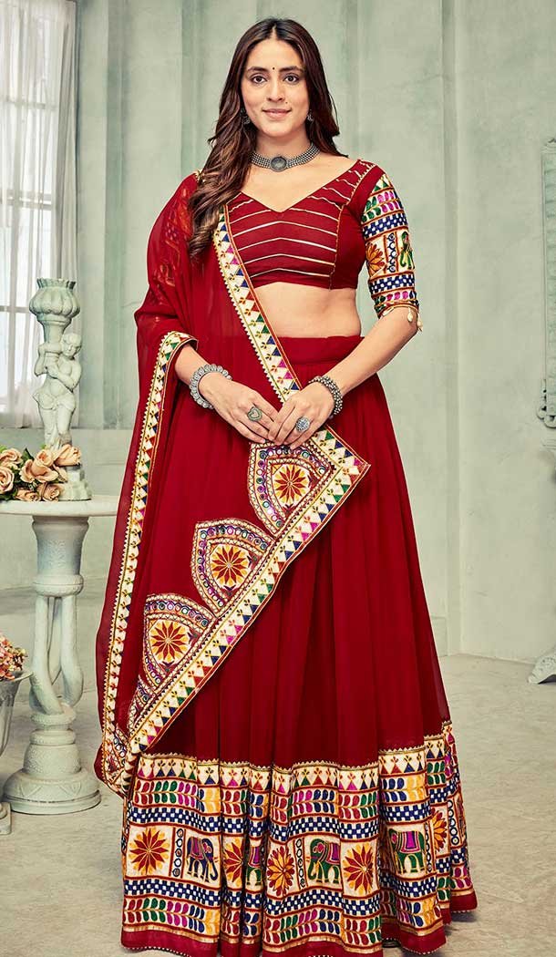 Georgette Embroidery Work Maroon Navratri Lehenga Choli -143698292