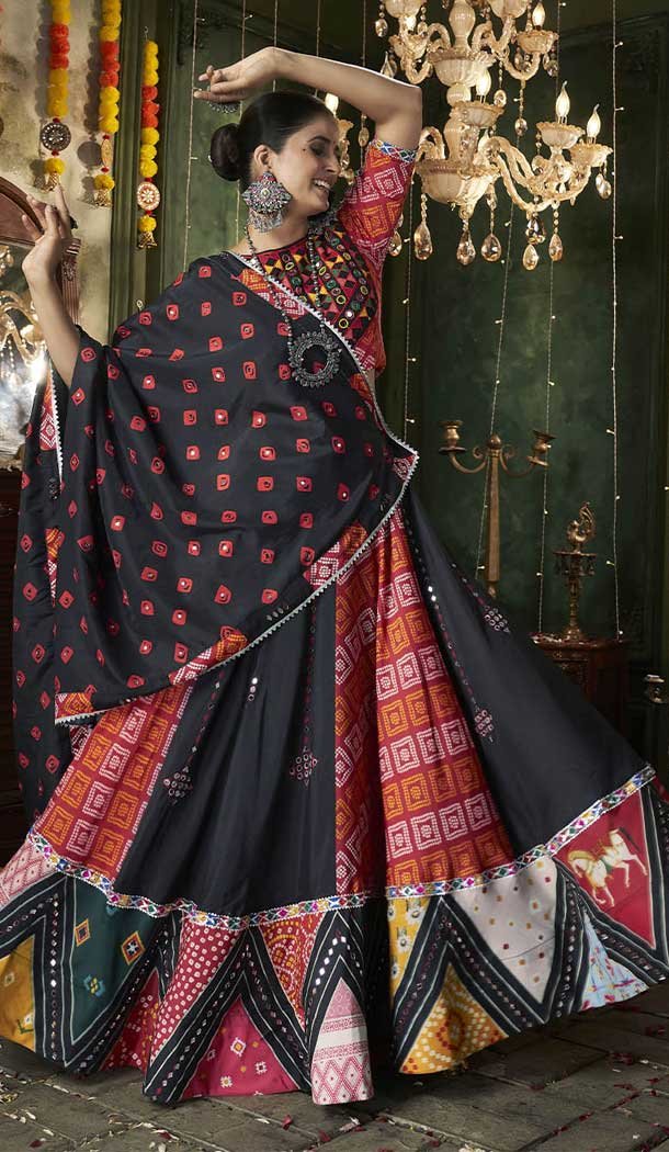 Maslin Cotton Embroidery Designer Navratri Lehenga Choli in Black -144208607