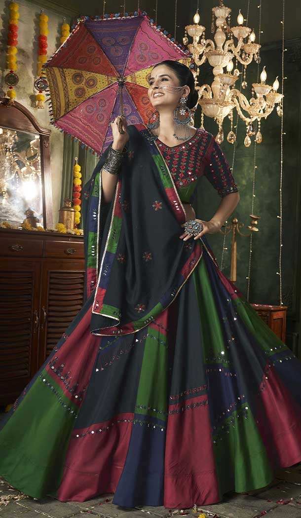 Multi Color Maslin Cotton Embroidery Designer Navratri Lehenga Choli -144208609