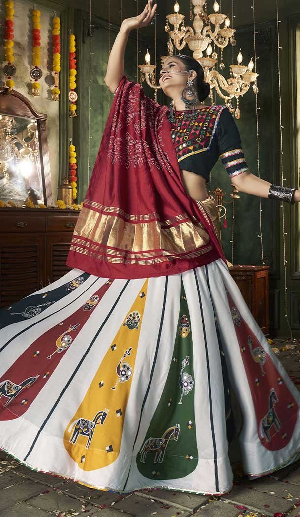 White Color Maslin Cotton Embroidery Designer Navratri Lehenga Choli -144208610