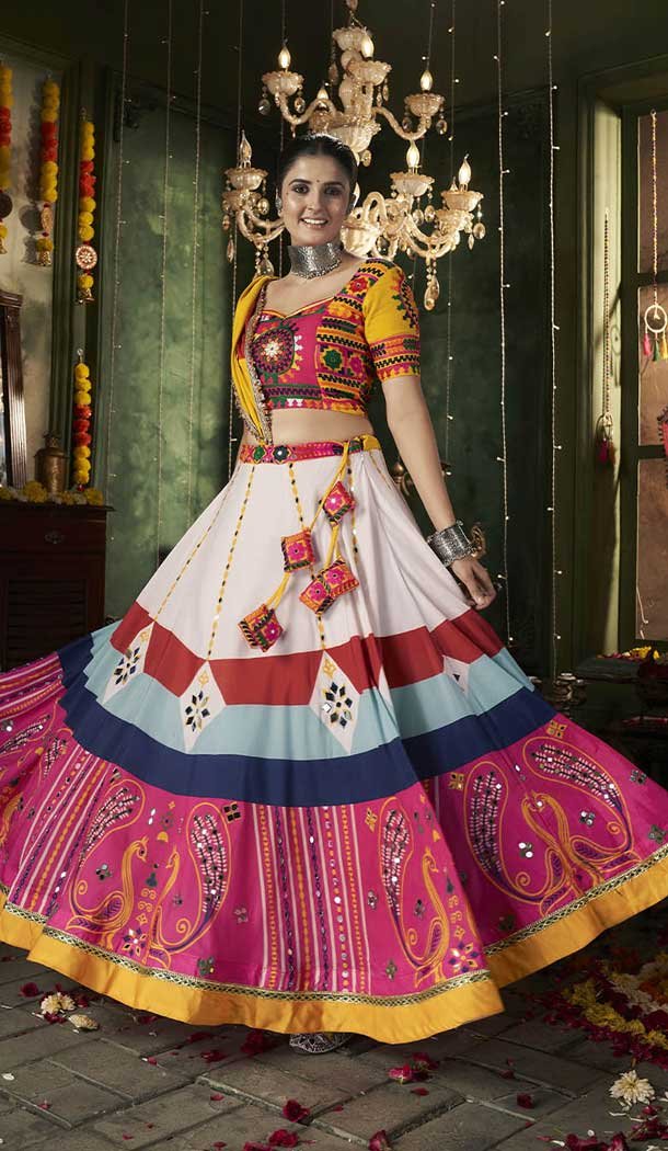 Maslin Cotton Embroidery Designer Navratri Lehenga Choli in White -144208611