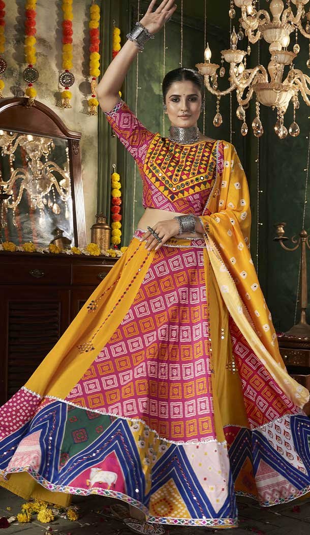 Maslin Cotton Embroidery Designer Navratri Lehenga Choli in Yellow -144208612