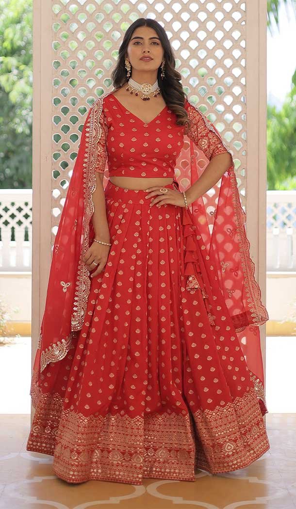 Viscose Embroidery Work Women Navratri Chaniya Choli in Red -144448764