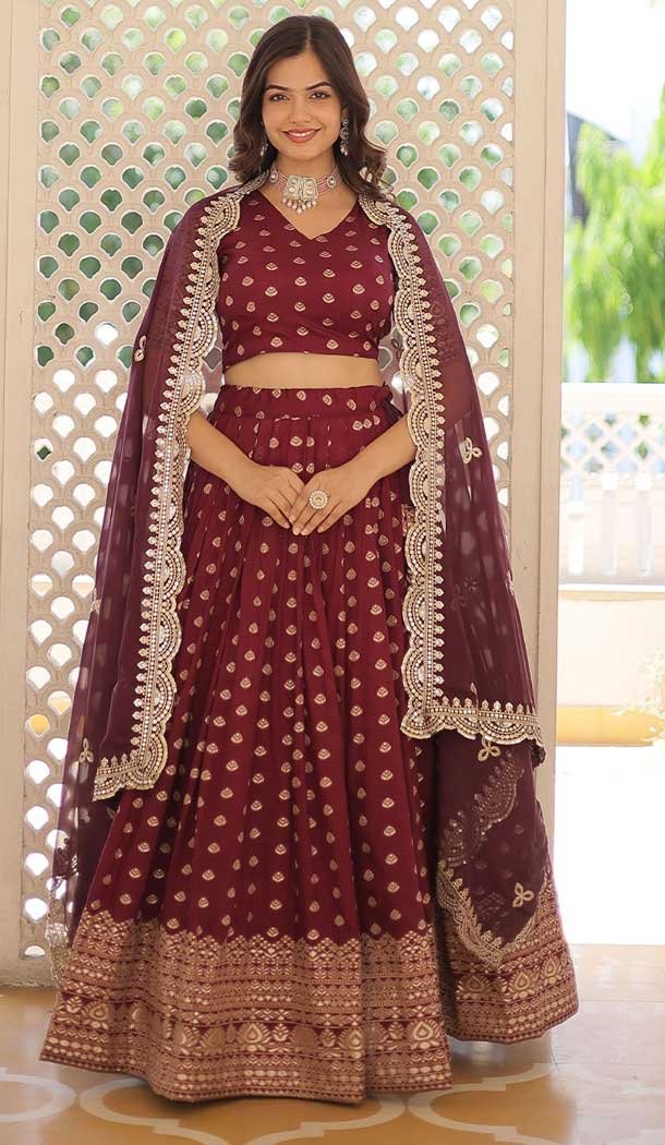 Viscose Embroidery Work Women Navratri Chaniya Choli in Wine -144448765