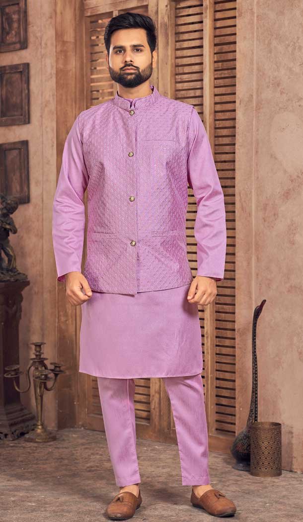 Heavy Banglori Silk Embroidery Work Kurta Pajama With Jacket in Pink -9209186264