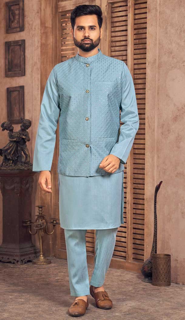 Heavy Banglori Silk Embroidery Work Kurta Pajama With Jacket in Sky Blue -9209186265