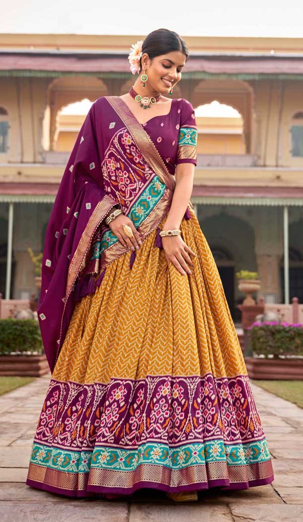 Tussar Silk Patola Work Stunning Navratri Lehenga Choli in Mustard -9221186299