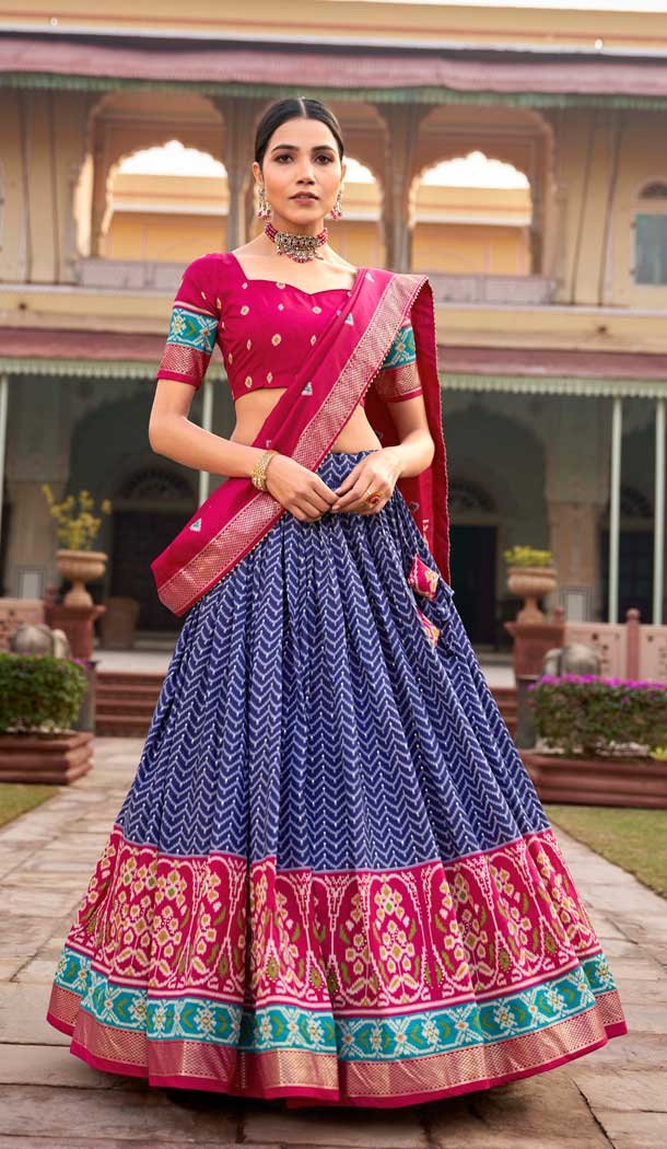 Tussar Silk Patola Work Stunning Navratri Lehenga Choli in Blue -9221186300