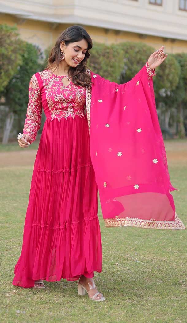 Faux Georgette Print Work Party Wear Readymade Gown in Pink -9225186314