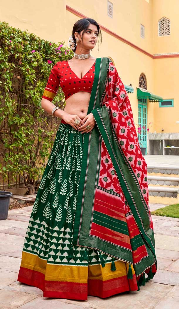 Tussar Silk Foil Print Work Traditional Navratri Lehenga Choli in Green -9228186319