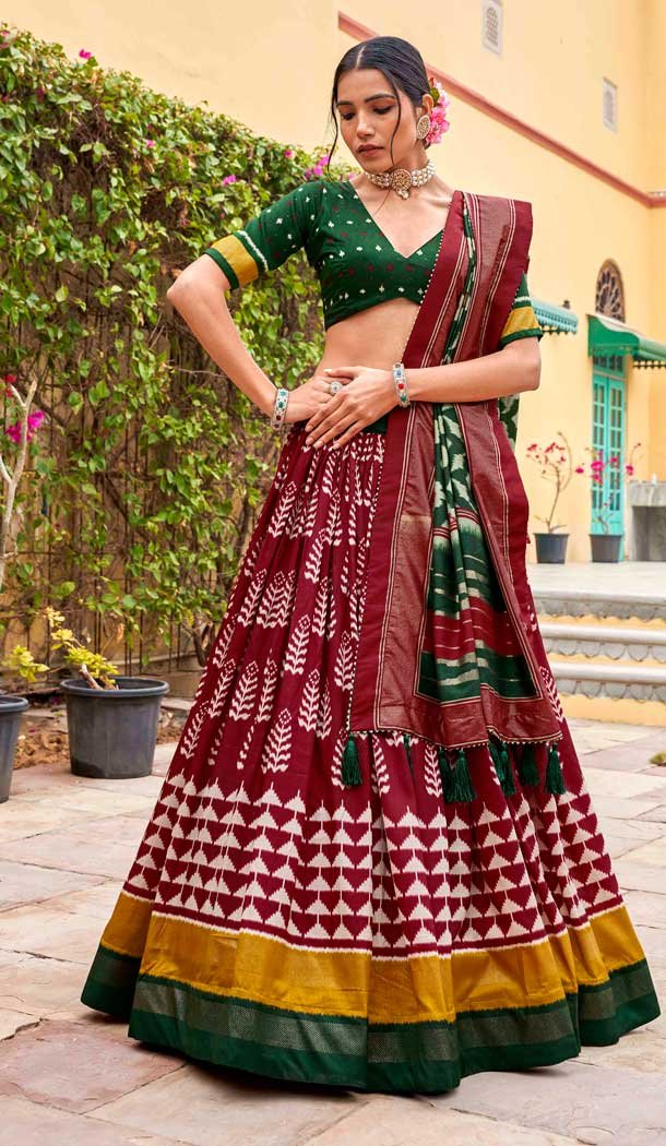 Tussar Silk Foil Print Work Traditional Navratri Lehenga Choli in Maroon -9228186320