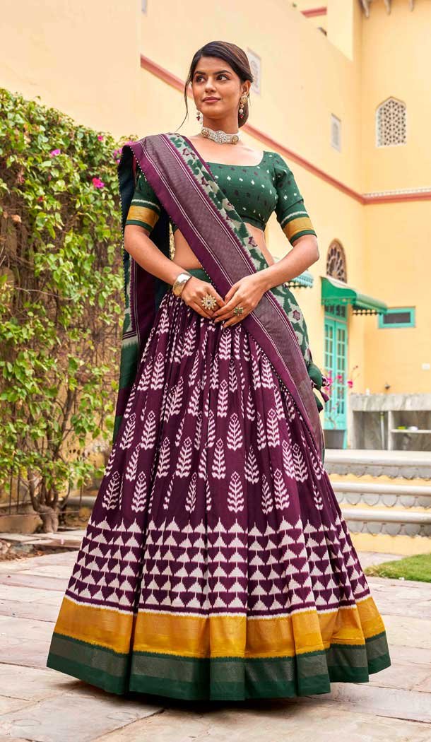 Tussar Silk Foil Print Work Traditional Navratri Lehenga Choli in Wine -9228186321