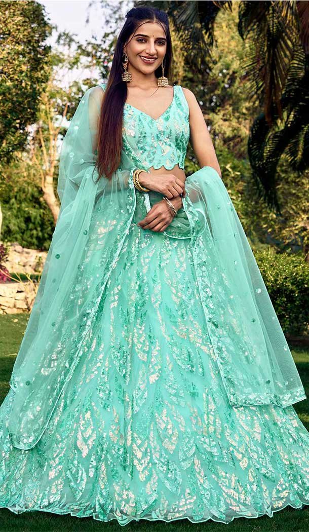 Thread Embroidery Work Soft Net Traditional Lehenga Choli In Blue -138905506