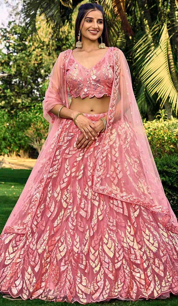 Thread Embroidery Work Soft Net Traditional Lehenga Choli In Pink -138905507