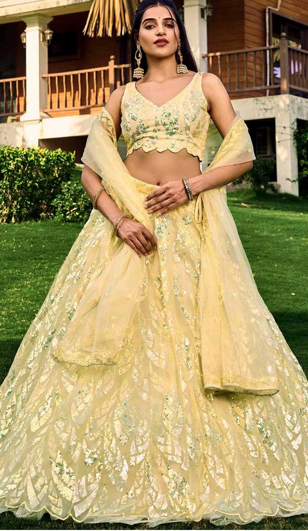 Thread Embroidery Work Soft Net Traditional Lehenga Choli In Yellow -138905509