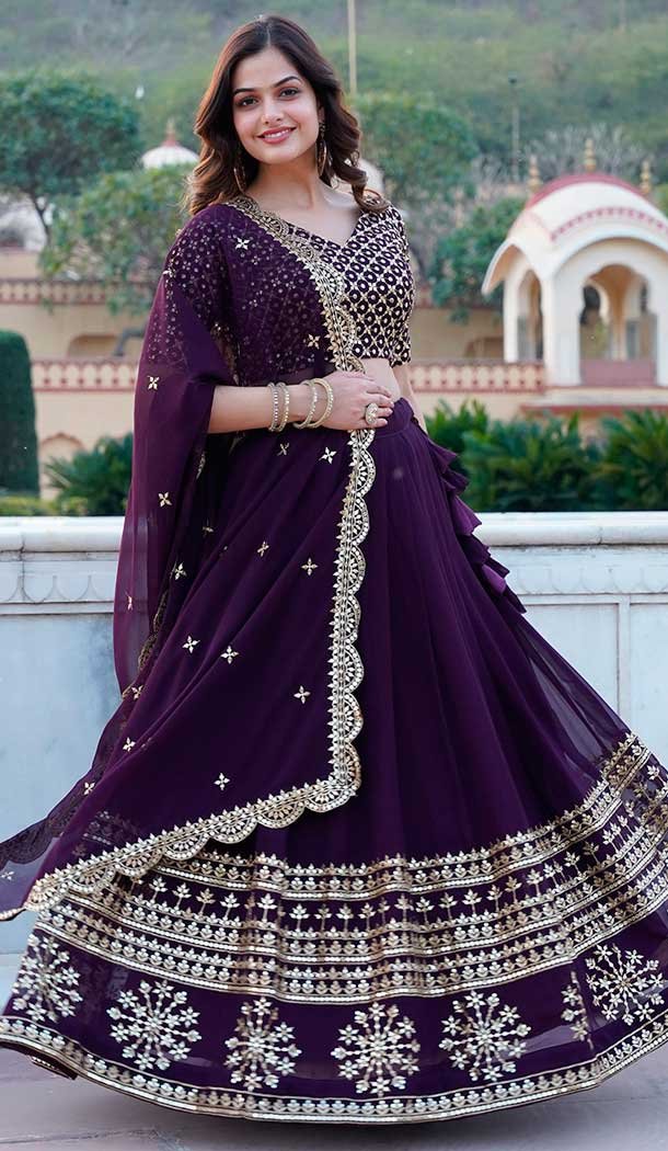 Georgette Sequence Embroidery Work Women Lehenga Choli In Wine -139055606