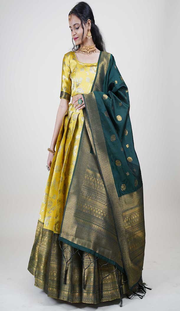 Lichi Silk Weaving Work Indian Traditional Lehenga Choli In Yellow -9239186357