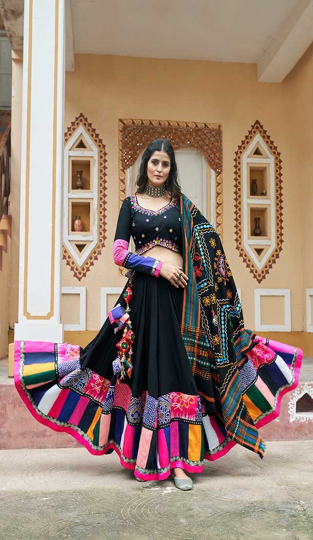 Viscose Rayon Mirror Work Navratri Special Chaniya choli In Black -144929089