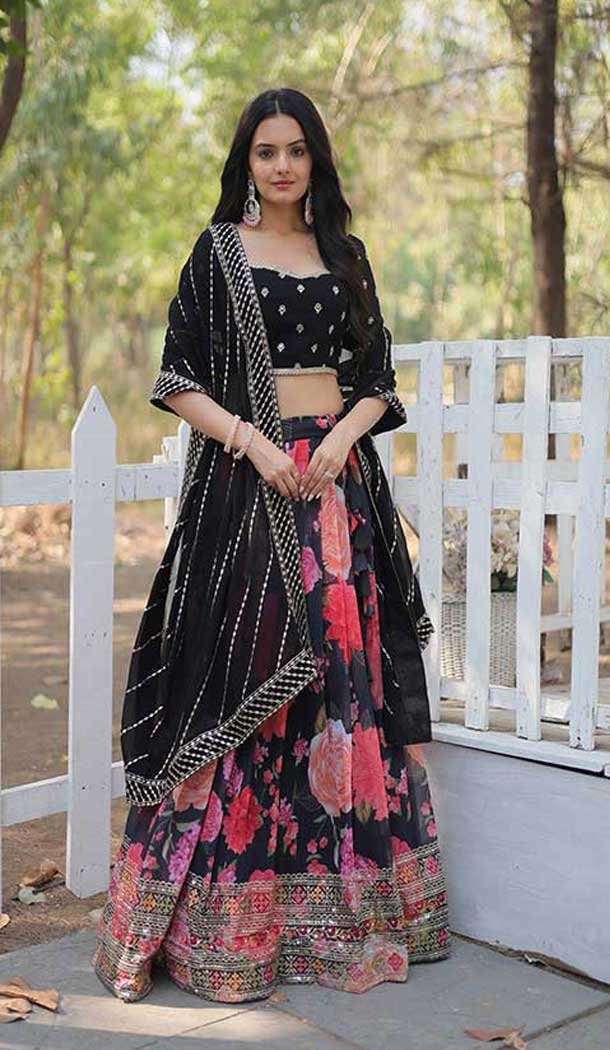 Faux Georgette Sequins Work Traditional Wear Lehenga Choli In Black -144999133