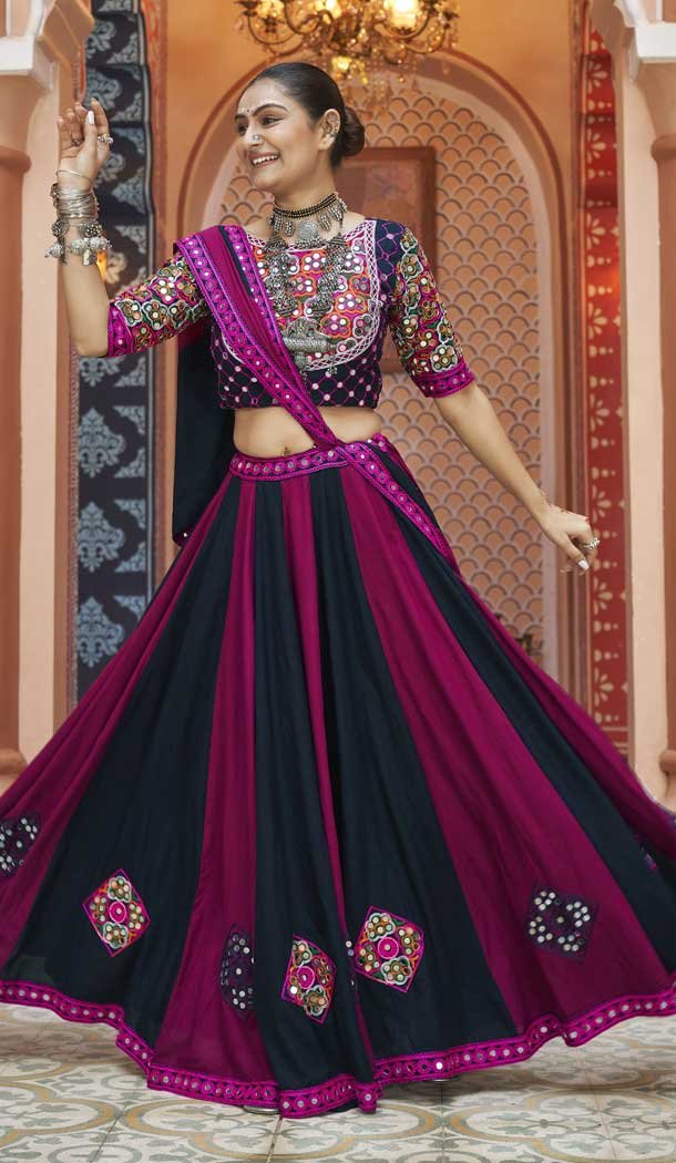 Viscose Rayon Designer Mirror Work Navratri Chaniya Choli In Black -145279294