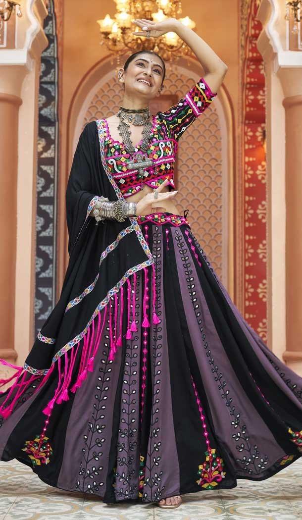 Black Viscose Rayon Designer Mirror Work Navratri Chaniya Choli -145279296