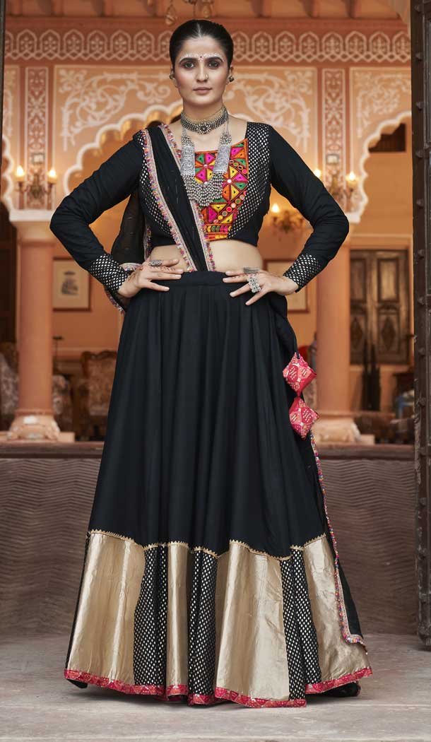 Viscose Rayon Designer Mirror Work Black Navratri Chaniya Choli -145279297