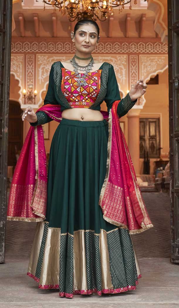 Viscose Rayon Designer Mirror Work Navratri Chaniya Choli In Green -145279298