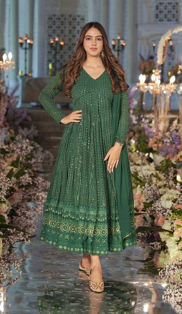 Georgette Embroidery Work Party Wear Anarkali Suits In Green – 9316186672