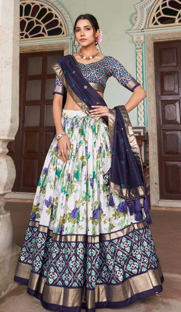 Blue Tussar Silk Patola Print Work Party Wear Lehenga Choli – 9339186758