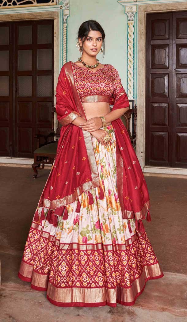 Red Tussar Silk Patola Print Work Party Wear Lehenga Choli – 9339186760