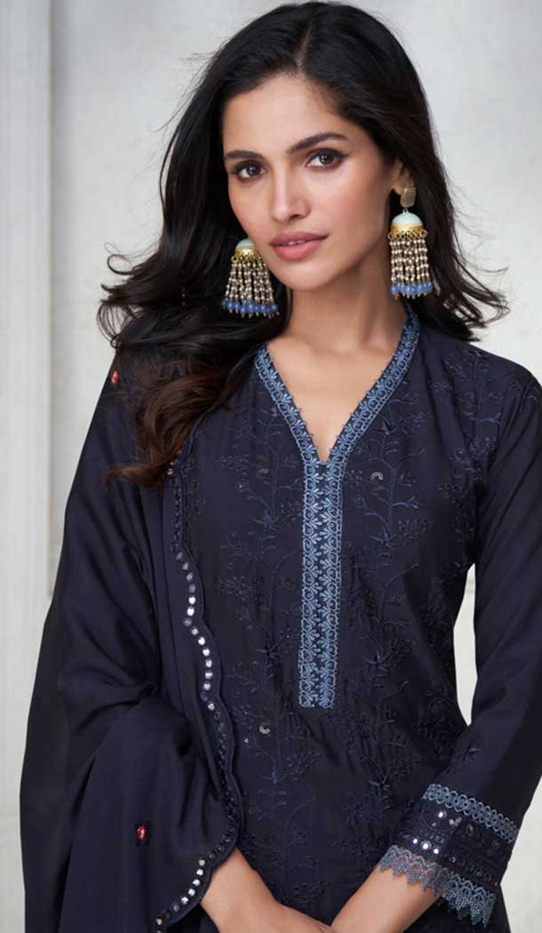 Chinon Silk Embroidered Readymade Sharara Suit In Navy Blue – 9340186765