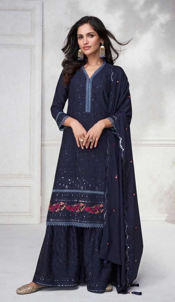 Chinon Silk Embroidered Readymade Sharara Suit In Navy Blue – 9340186765