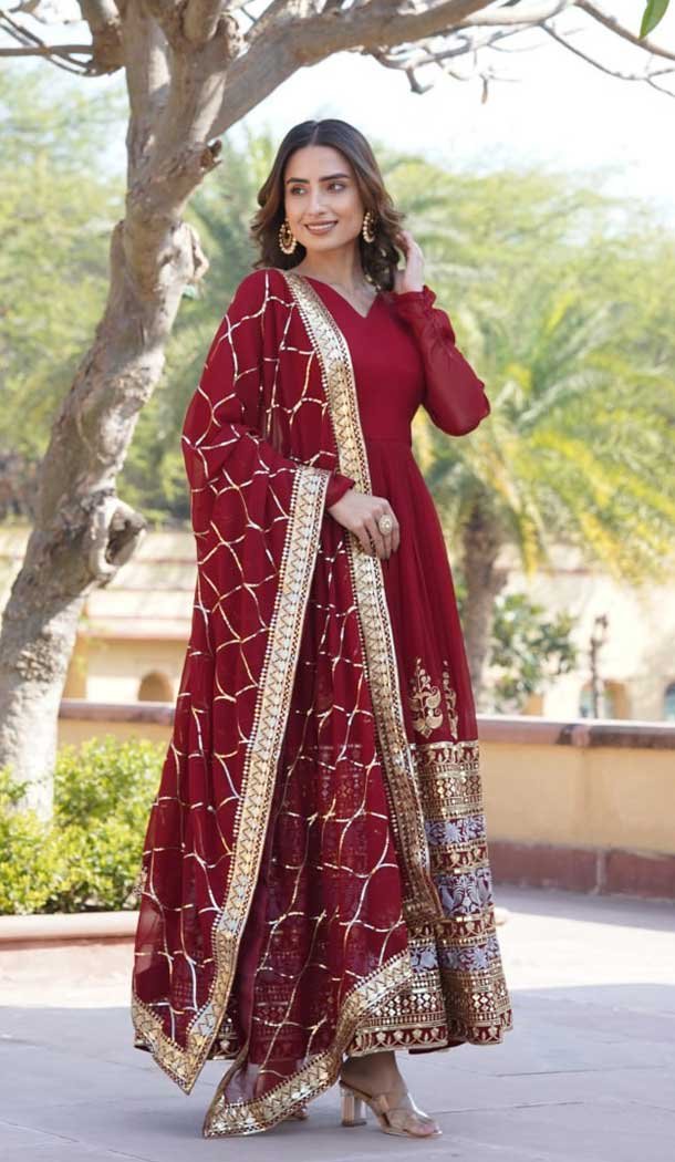 Faux Georgette Embroidery Work Party Wear Gown In Maroon – 9350186799