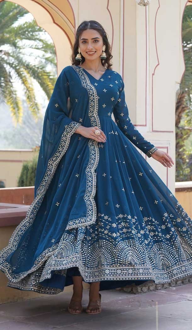 Blue Faux Georgette Zari Embroidery Work Party Wear Gown – 9351186800