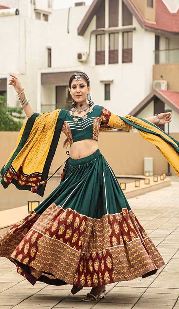 Cotton Gotta Kadi Work Festival Navratri Chaniya Choli In Green -145779594