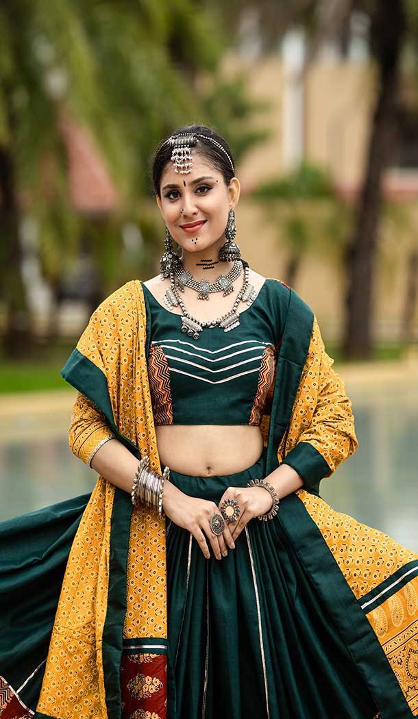 Cotton Gotta Kadi Work Festival Navratri Chaniya Choli In Green -145779594