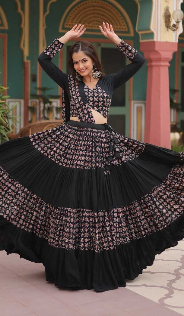 Rayon Printed Designer Wear Navratri Chaniya Choli In Black – 145909669