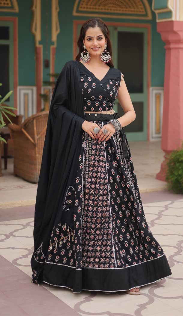 Black Rayon Printed Designer Wear Navratri Chaniya Choli – 145909670