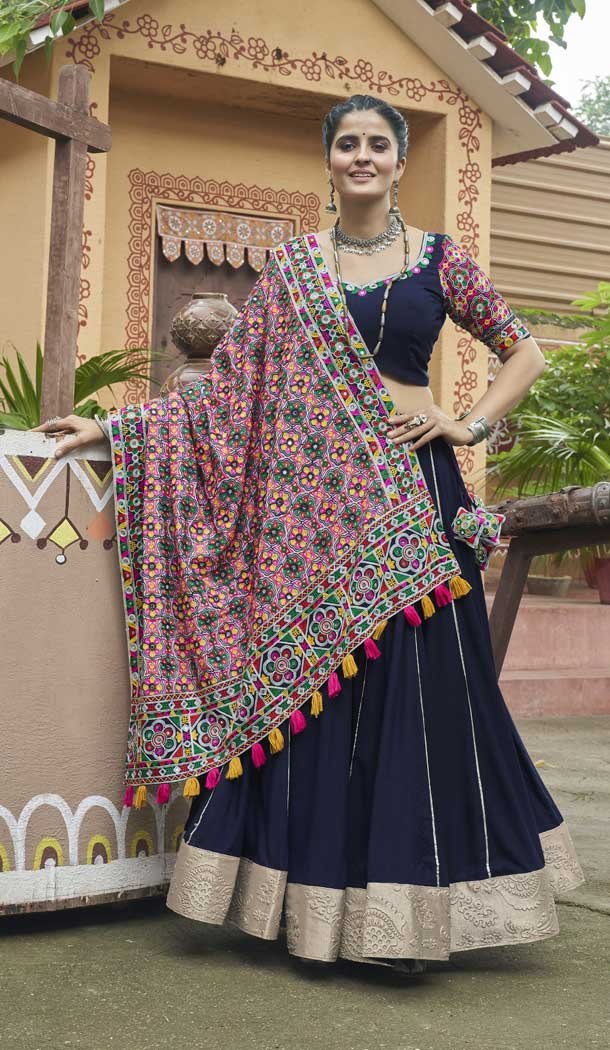 Navy Blue Viscose Rayon Embroidered Navratri Chaniya Choli – 146229861