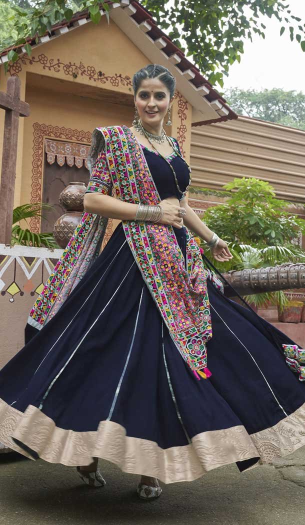 Navy Blue Viscose Rayon Embroidered Navratri Chaniya Choli – 146229861